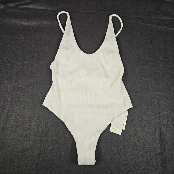Minimalist White One Piece Swimsuit Womens M Ribbed Resort Cruise Vacation Beach - Picture 15 of 15